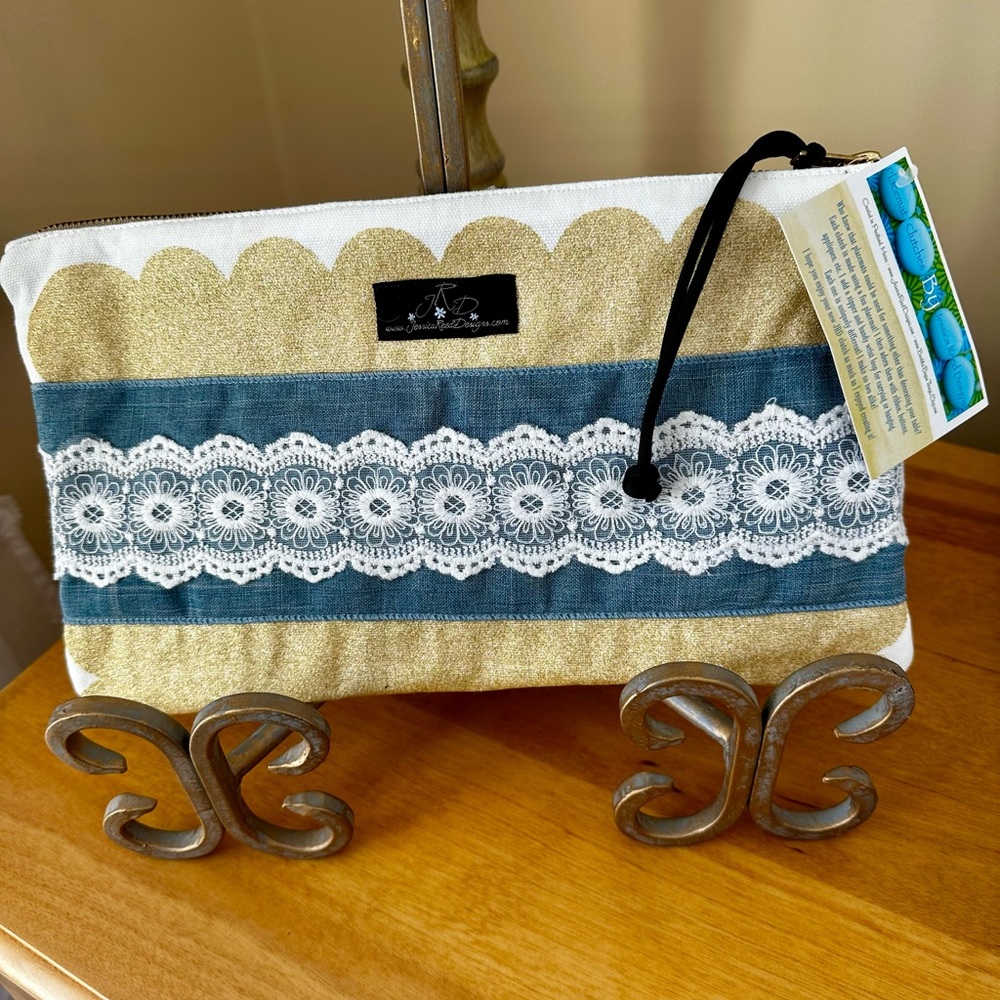 Elegant Gold and Blue Lace Accent Pouch
